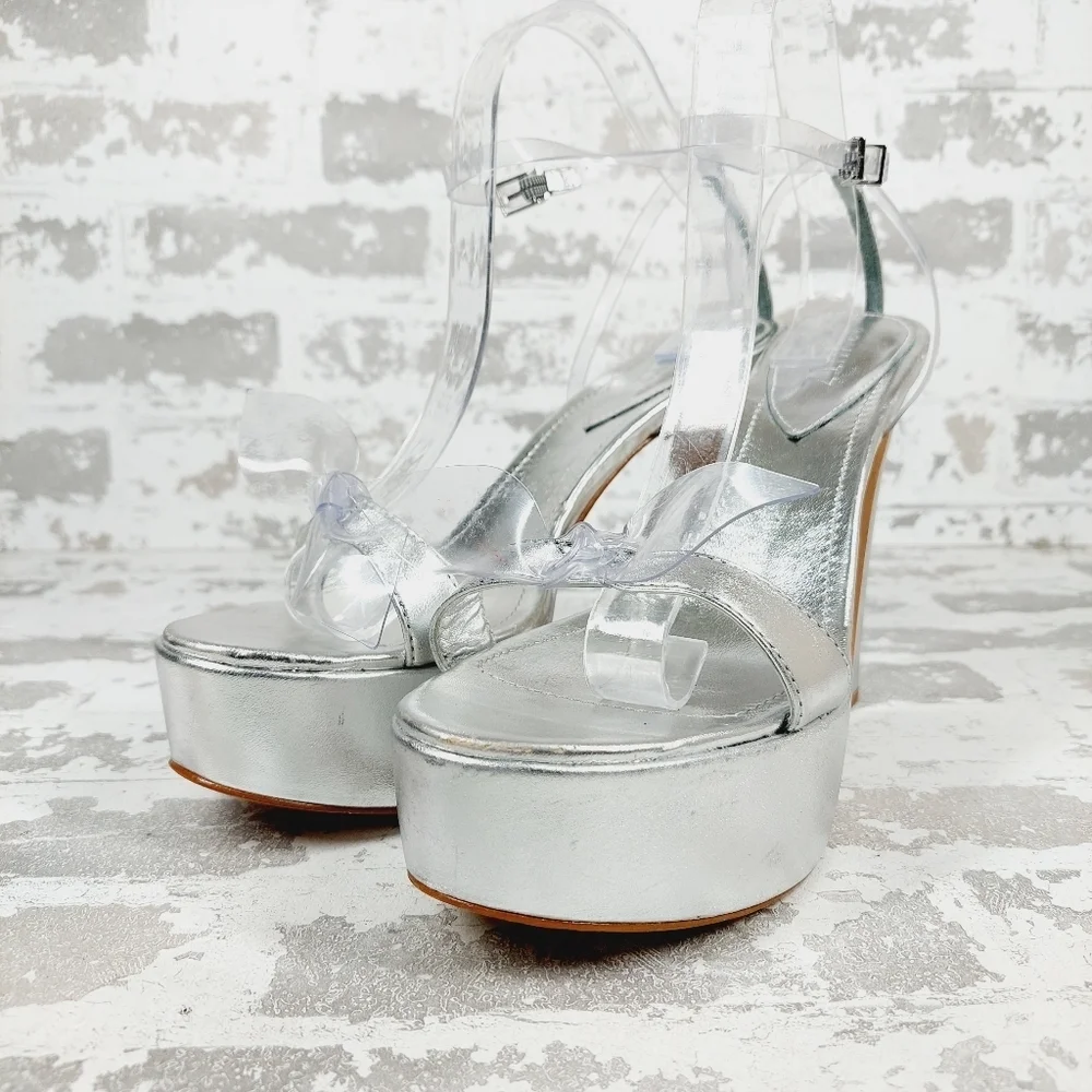 NEW SCHUTZ Silver Leather Platform High Heel Buckle Ankle Strap Sandals W491 - Picture 2 of 14